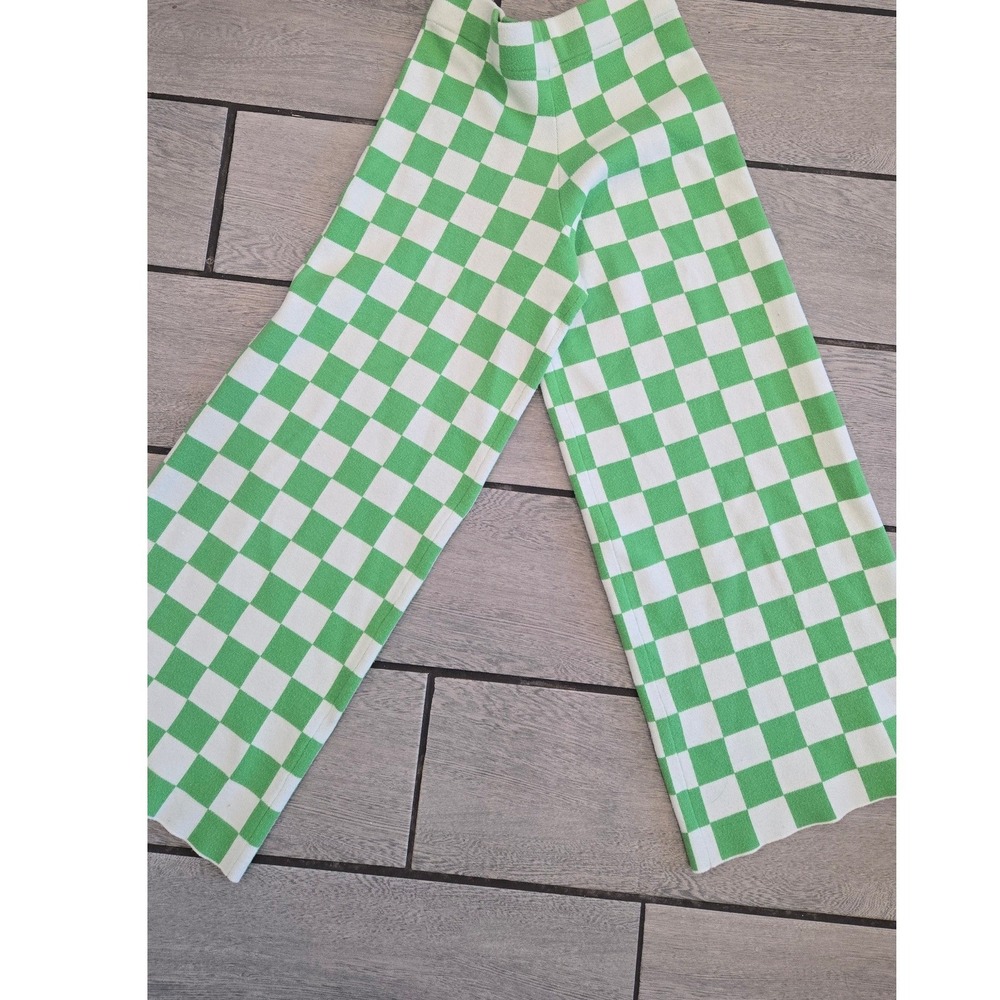 Saint Geraldine Green White Checkerboard Knit Wide Leg Pants Small